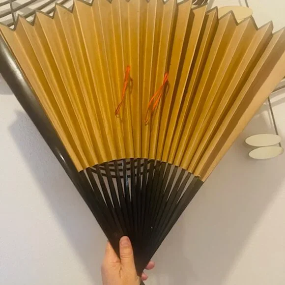 Vintage Hand Painted Oriental Folding Fan - Wall Hanging Art Decor 34”x22” - Picture 3 of 5